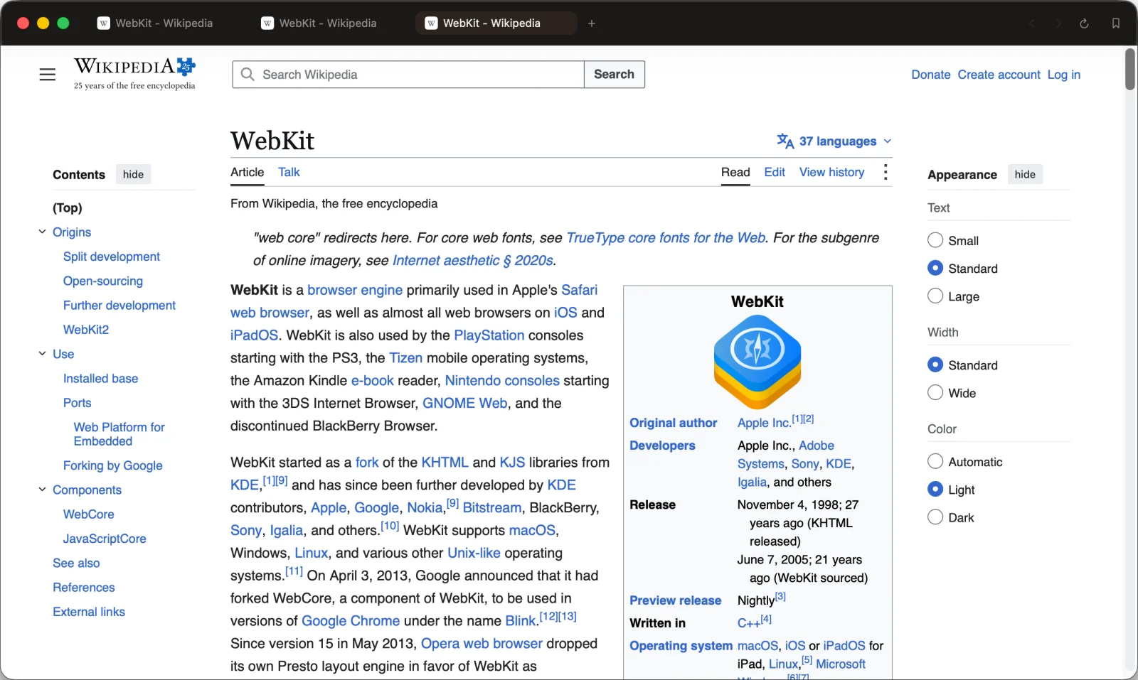 Kenos in dark appearance, open on the WebKit Wikipedia article.