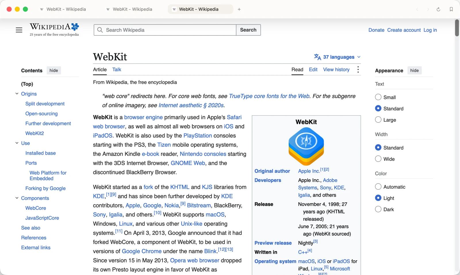 Kenos in light appearance, open on the WebKit Wikipedia article.